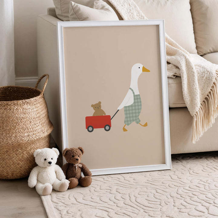 a picture of a duck pulling a wagon with a teddy bear