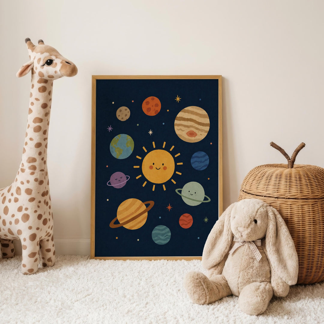 A giraffe and a stuffed rabbit are positioned next to a framed poster depicting a solar system with planets and a sun.