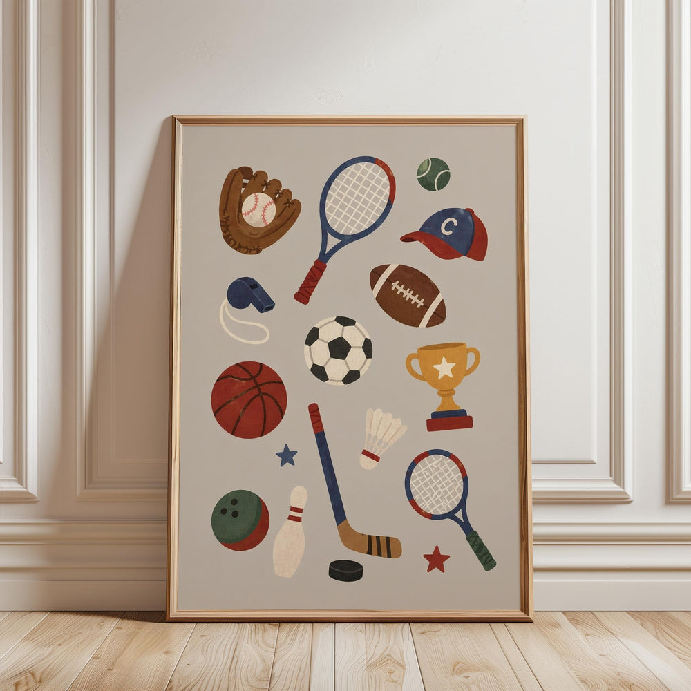 A framed collage of various sports equipment, including a baseball glove, tennis racket, football, basketball, baseball, soccer ball, bowling ball, hockey stick, and a trophy, all depicted in a stylized manner.