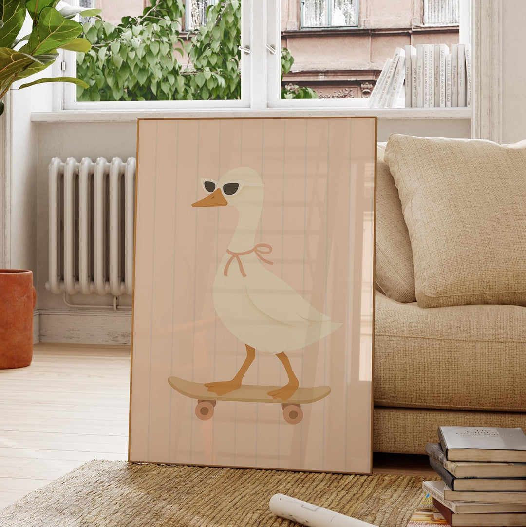 a picture of a duck on a skateboard