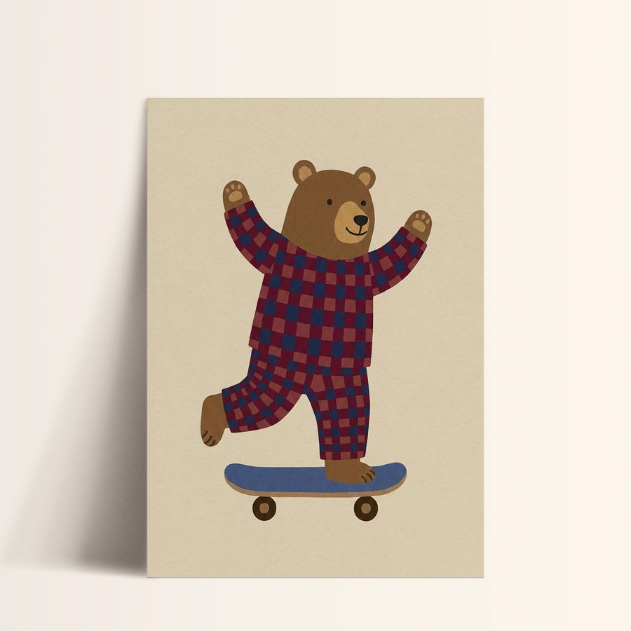 A cartoon bear wearing a plaid outfit is riding a skateboard.