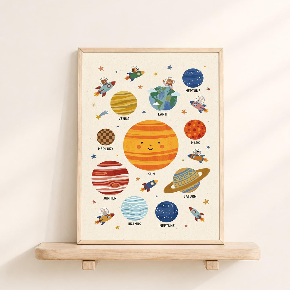 The image is a framed illustration depicting various planets and celestial bodies, including Earth, Mars, Jupiter, Saturn, Neptune, and Uranus, along with their respective names.