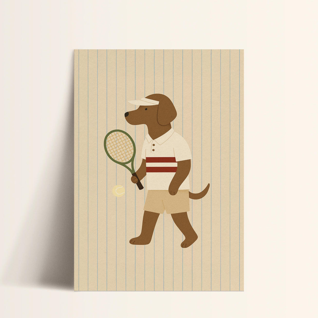 a card with a dog holding a tennis racket