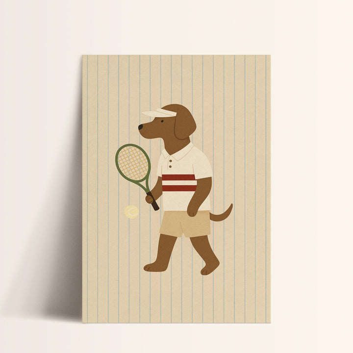 a card with a dog holding a tennis racket
