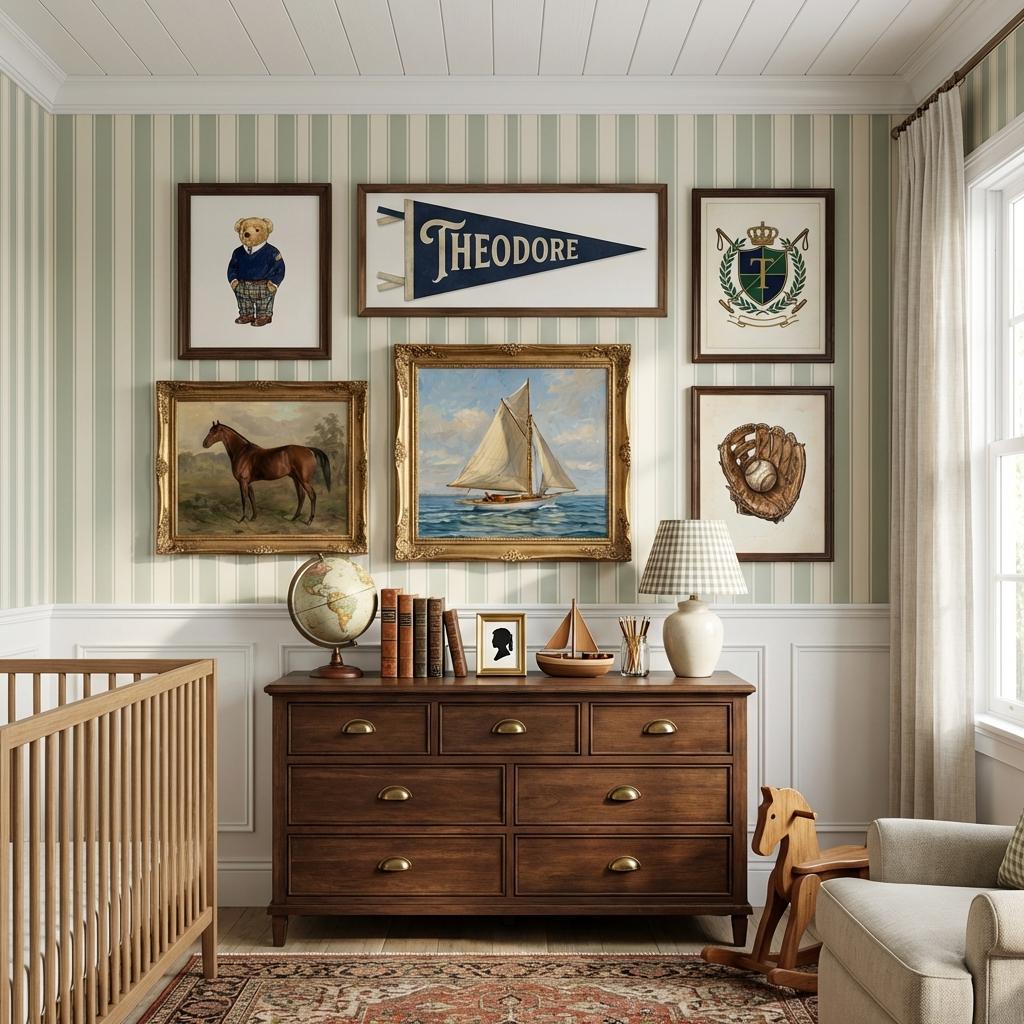 Ralph Bear Nursery Wall Art Set of 6, Custom Preppy Gallery Wall, Personalized Pennant Name Print, Classic Boys Room Decor