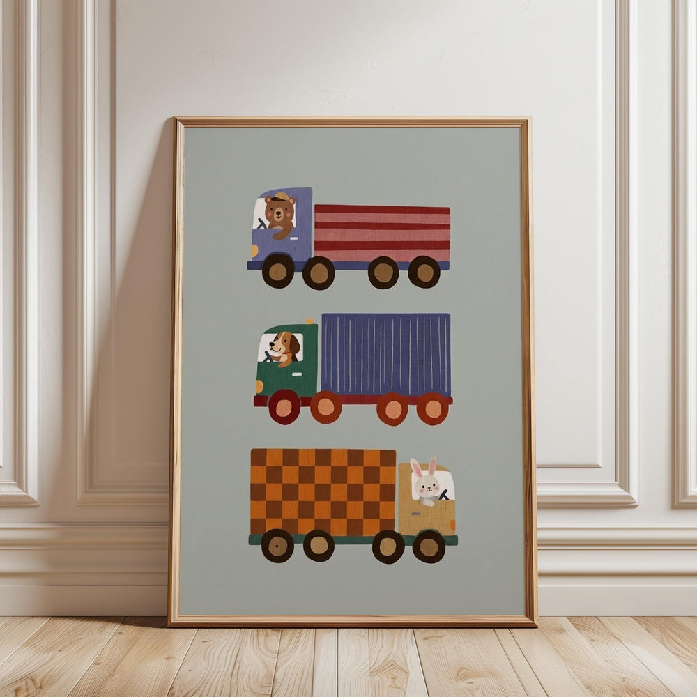 A framed illustration of three colorful toy trucks with cartoon animal characters on them, including a bear, a dog, and a rabbit.