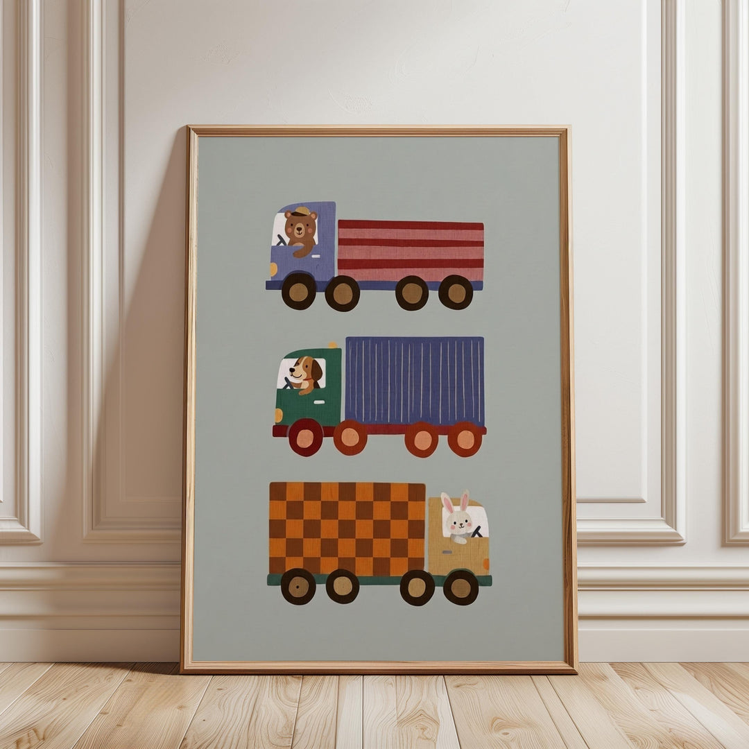 A framed illustration of three colorful toy trucks with cartoon animal characters on them, including a bear, a dog, and a rabbit.