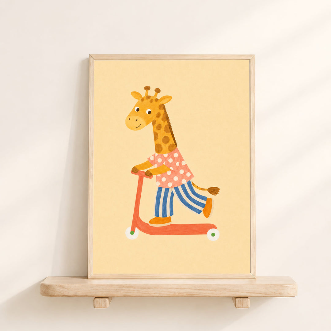 Marmalade the Giraffe on a Scooter Print