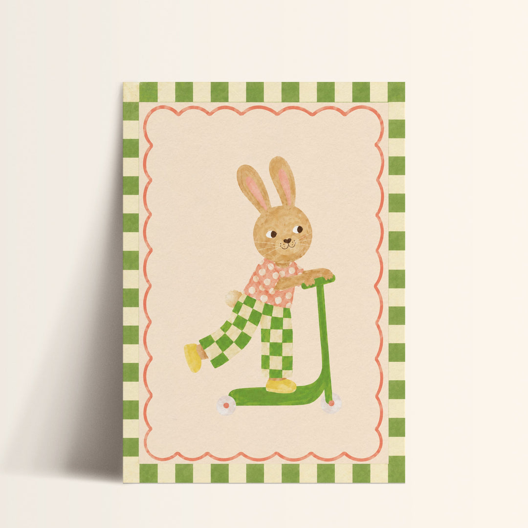 Illustrated print of a bunny in checkered trousers riding a green scooter