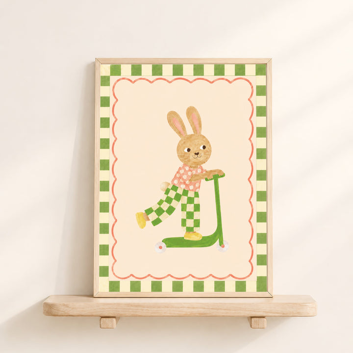 Illustrated print of a bunny in checkered trousers riding a green scooter