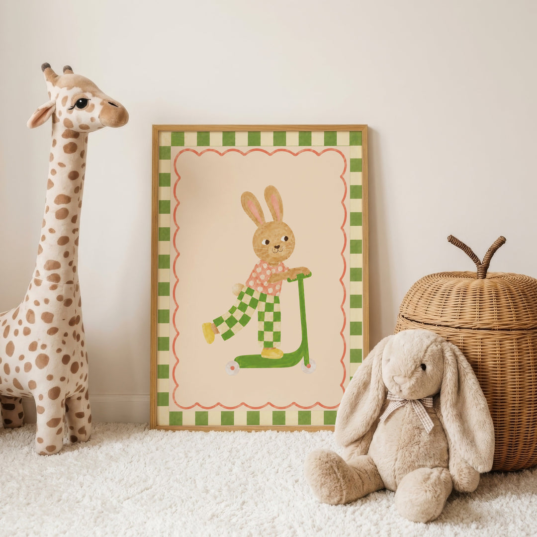 Illustrated print of a bunny in checkered trousers riding a green scooter