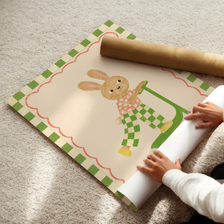 Illustrated print of a bunny in checkered trousers riding a green scooter