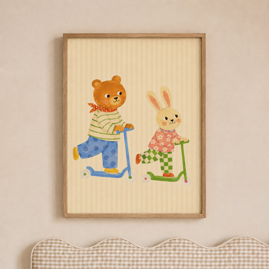 Bear & Bunny on Scooters Print
