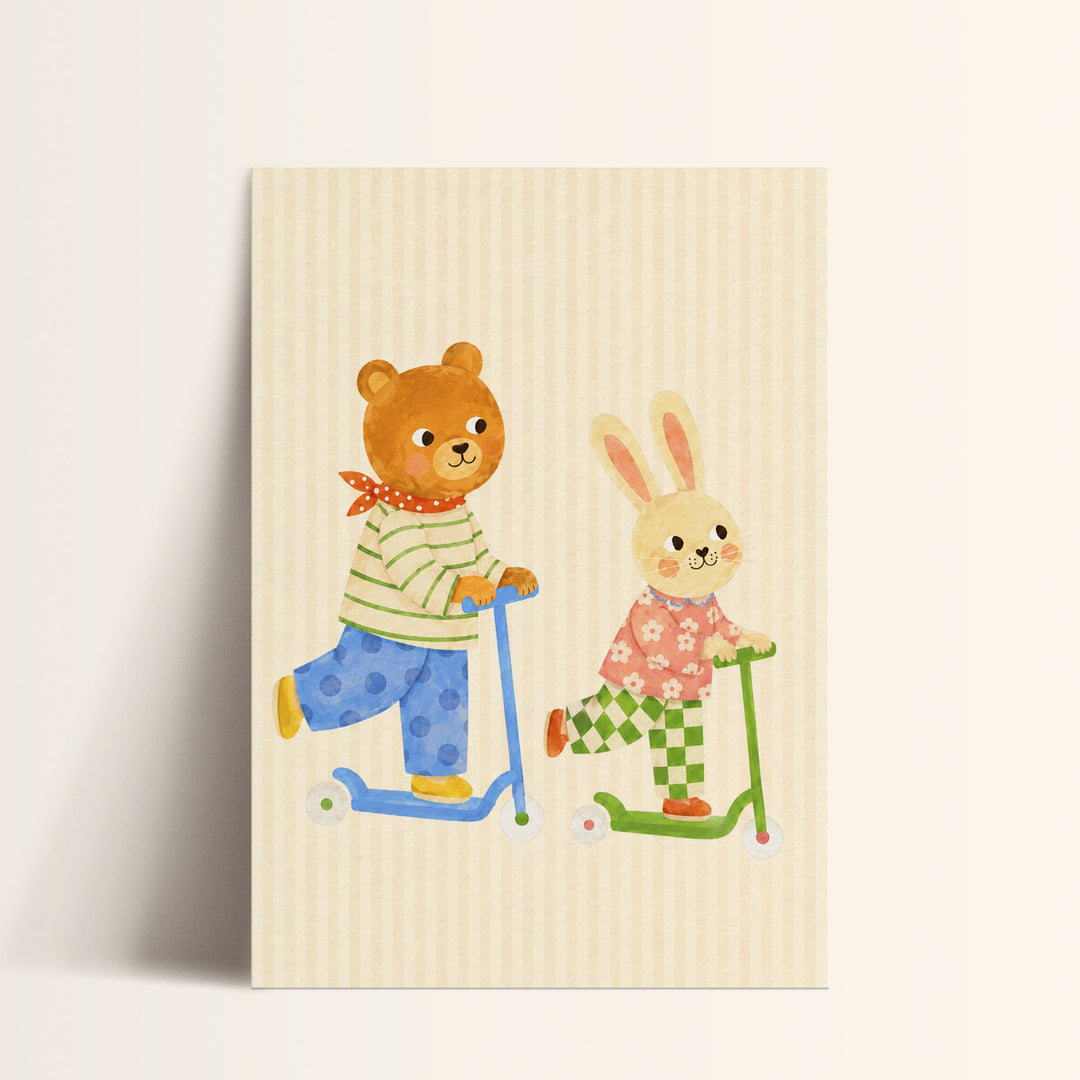 Bear & Bunny on Scooters Print