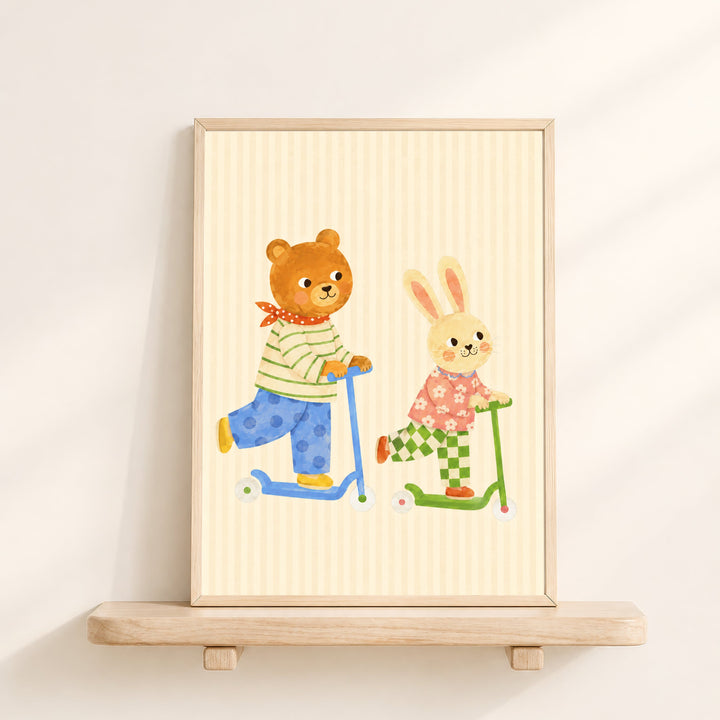 Bear & Bunny on Scooters Print