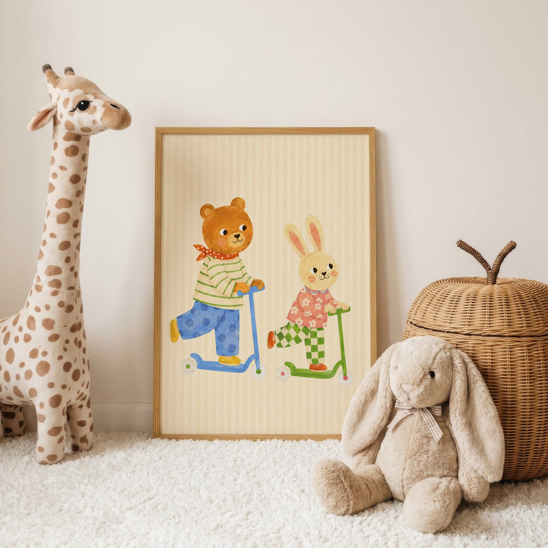 Bear & Bunny on Scooters Print