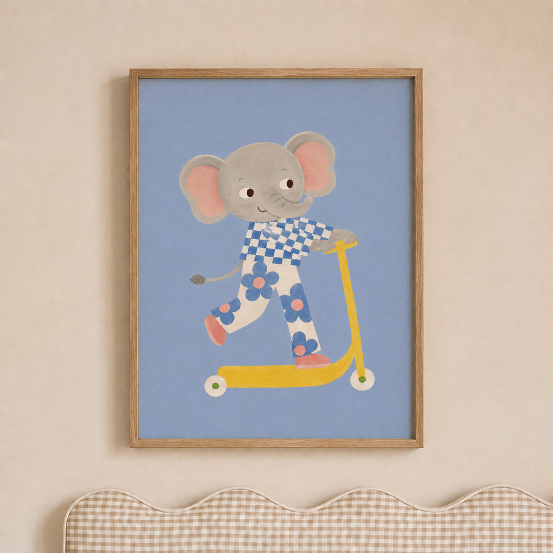 Pebble the Elephant on a Scooter Print