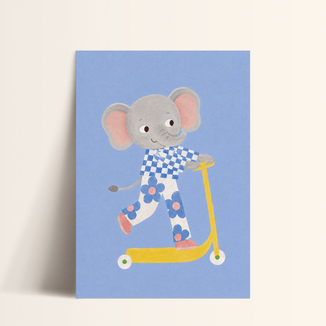 Pebble the Elephant on a Scooter Print