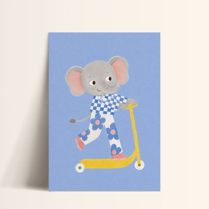 Pebble the Elephant on a Scooter Print