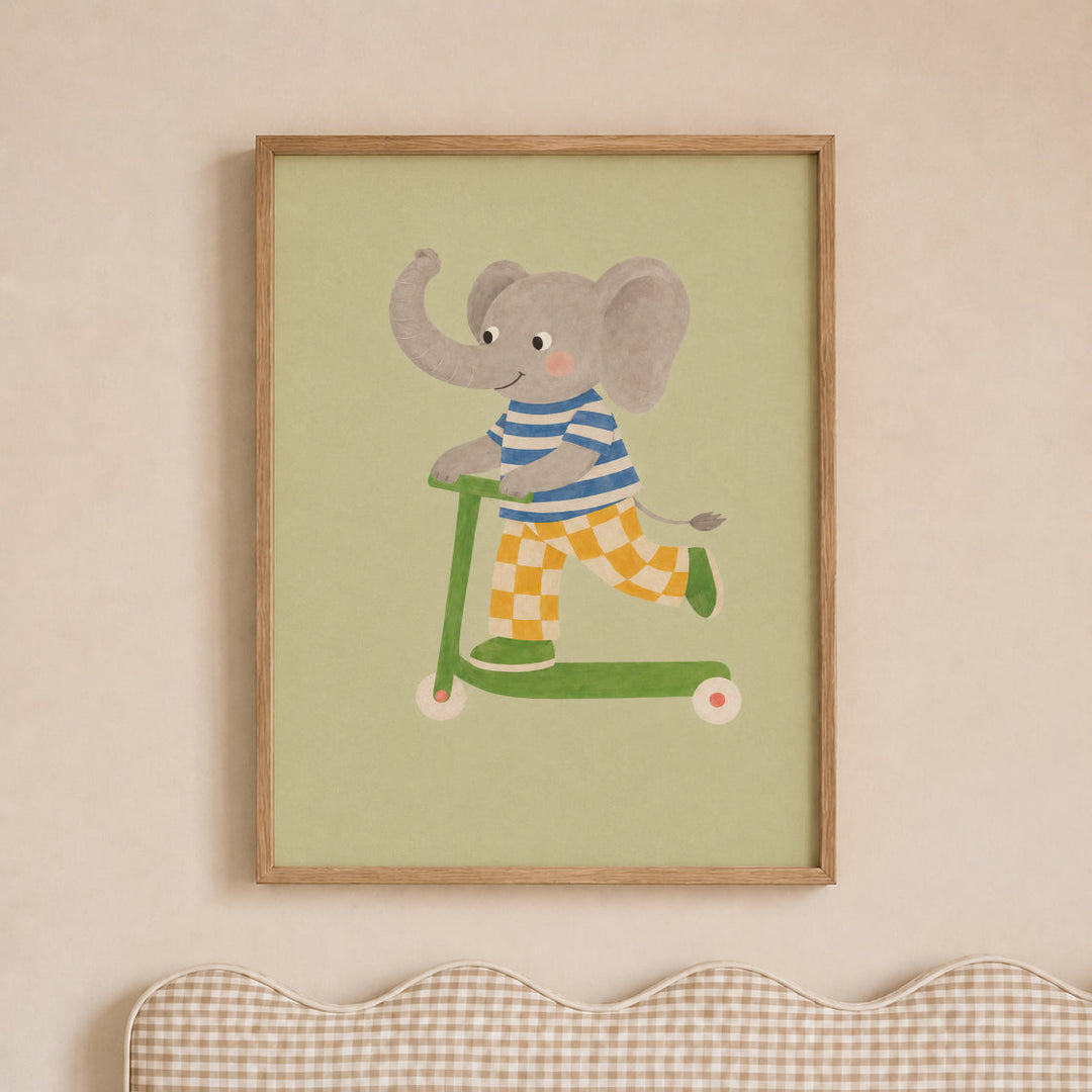 Olive the Elephant on a Scooter Print