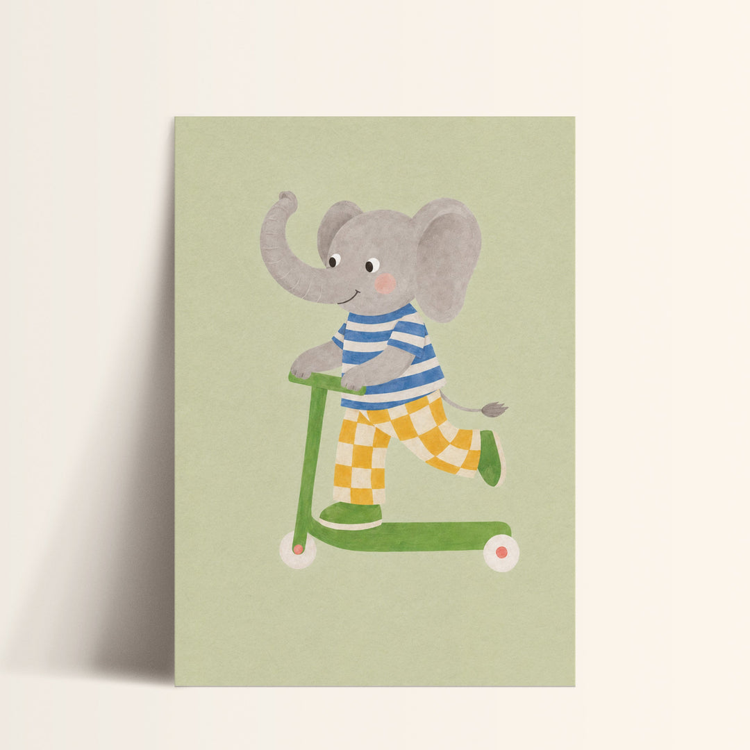 Olive the Elephant on a Scooter Print
