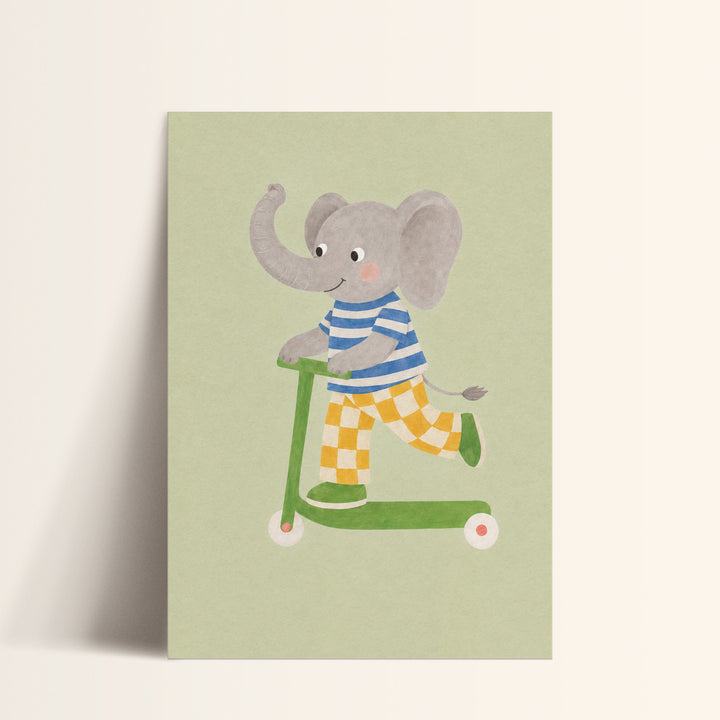 Olive the Elephant on a Scooter Print