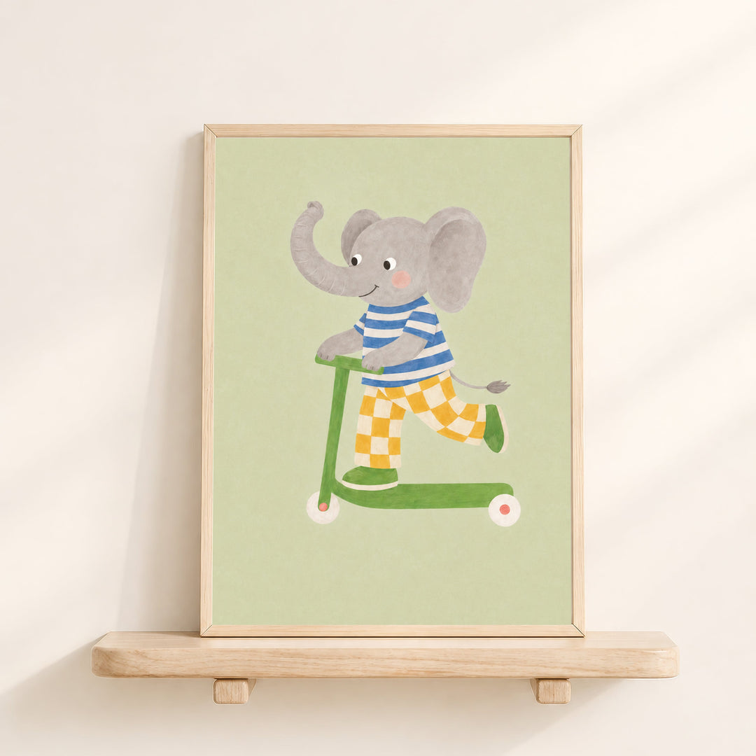 Olive the Elephant on a Scooter Print