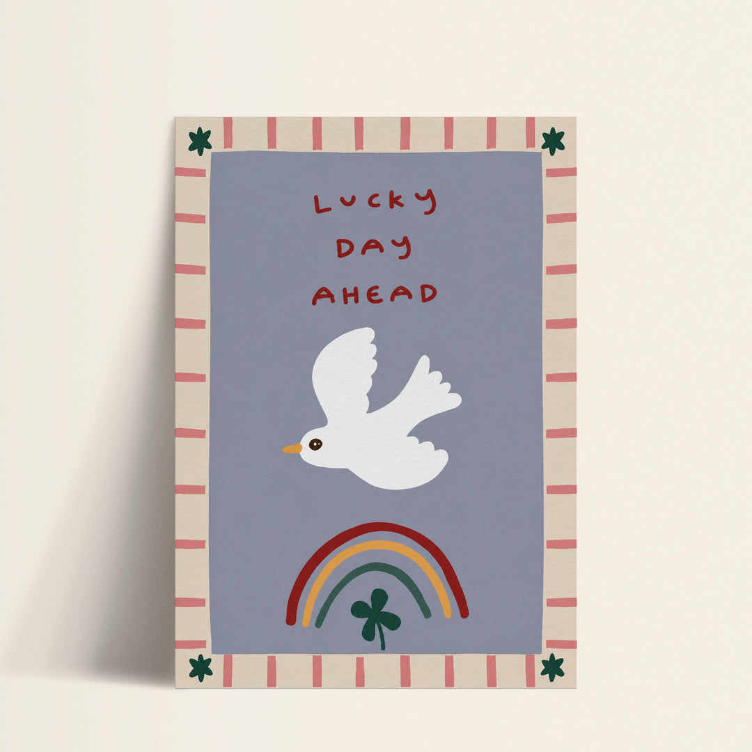 Lucky Day Ahead dove and rainbow print shown as a matte paper art print