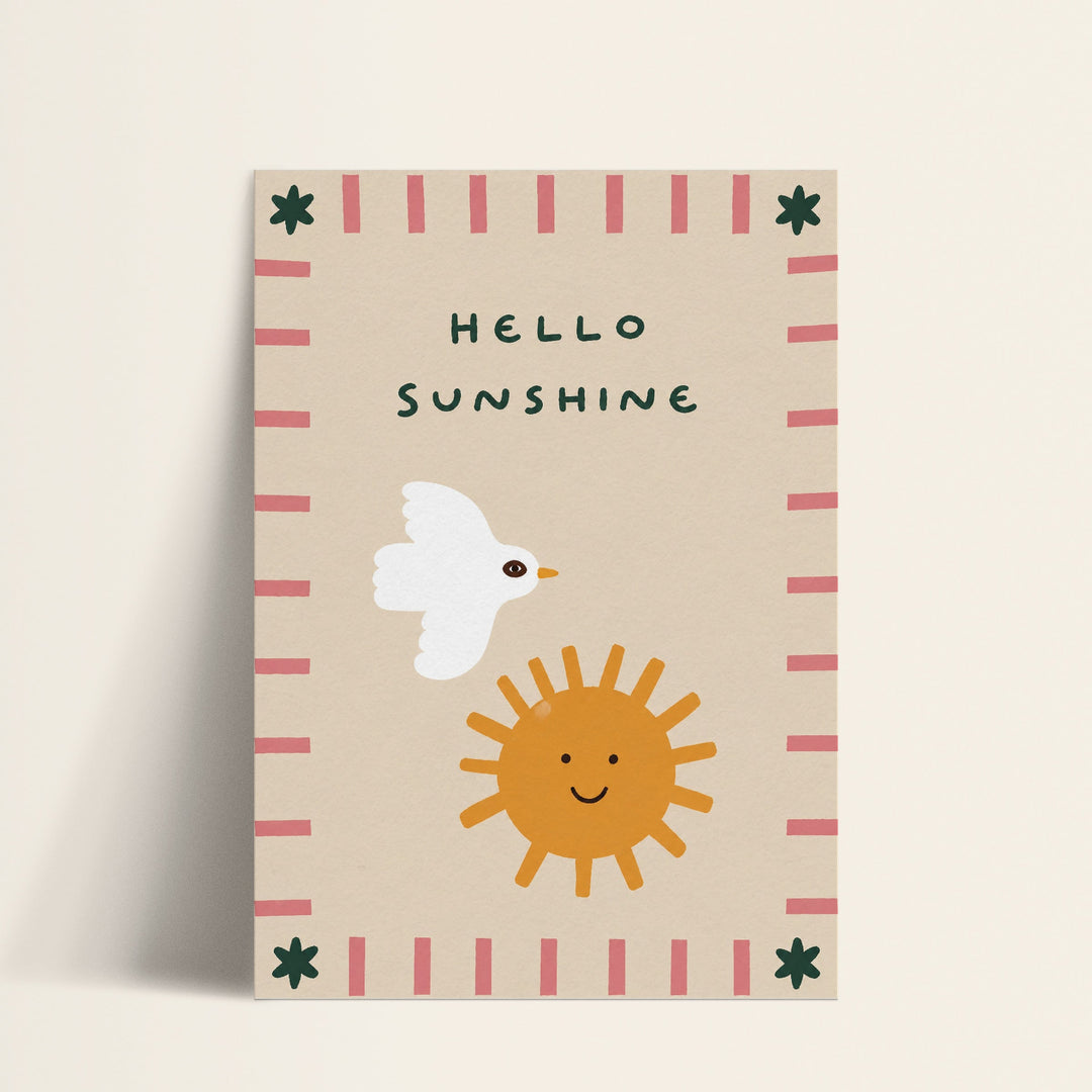Hello Sunshine sun and dove print shown as a matte paper art print