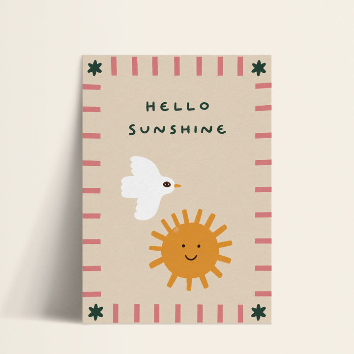 Hello Sunshine sun and dove print shown as a matte paper art print