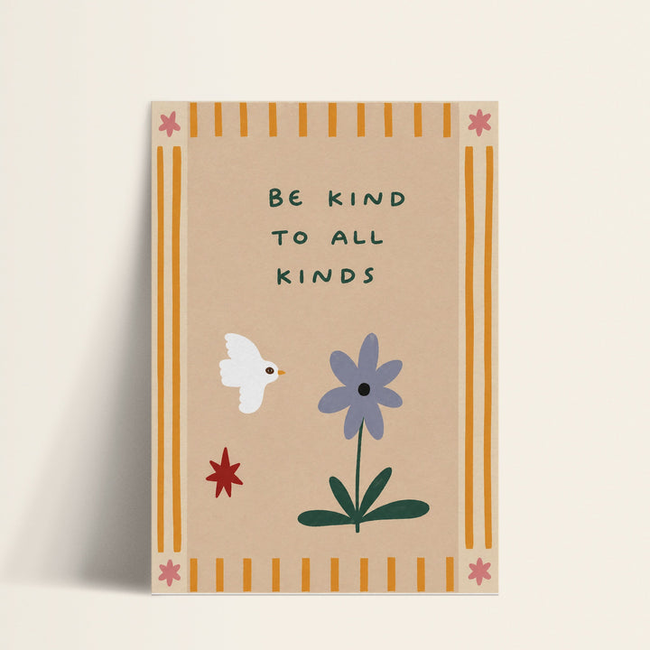 Be Kind to All Kinds dove and flower print shown as a matte paper art print