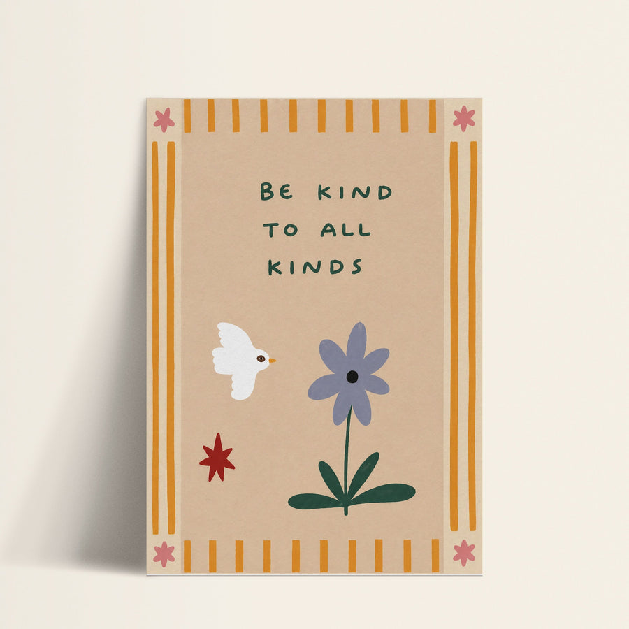 Be Kind to All Kinds dove and flower print shown as a matte paper art print
