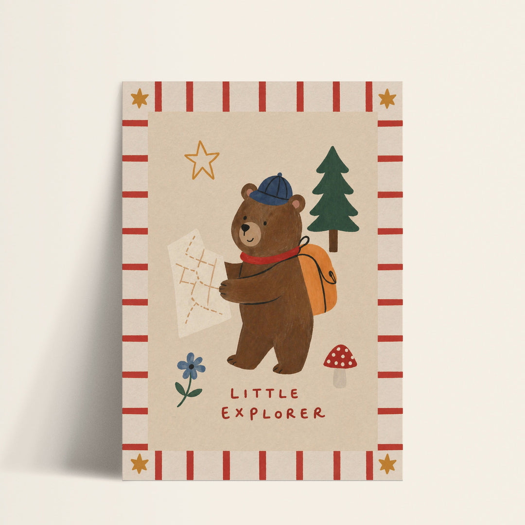 Little Explorer bear print shown as a matte paper art print
