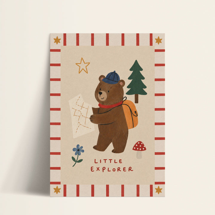 Little Explorer bear print shown as a matte paper art print