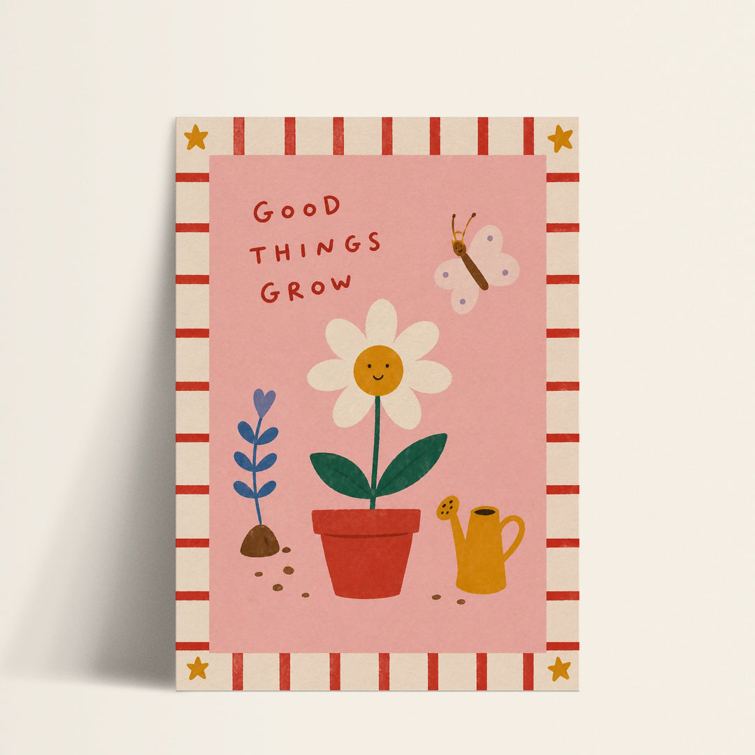 Good Things Grow smiling daisy print shown as a matte paper art print