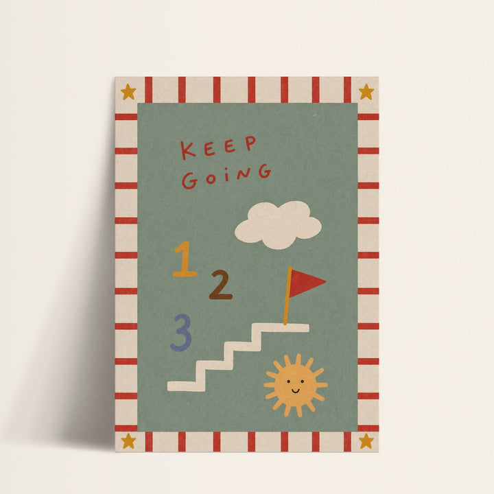 Keep Going numbered staircase print shown as a matte paper art print