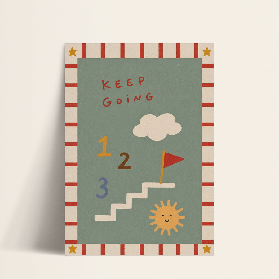 Keep Going numbered staircase print shown as a matte paper art print
