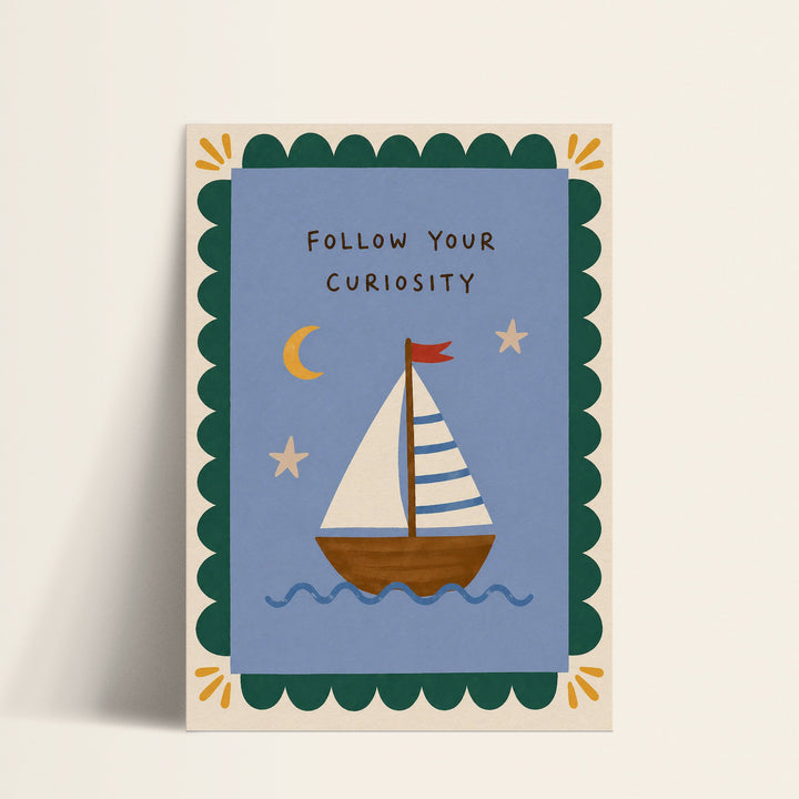 Follow Your Curiosity sailboat print shown as a matte paper art print