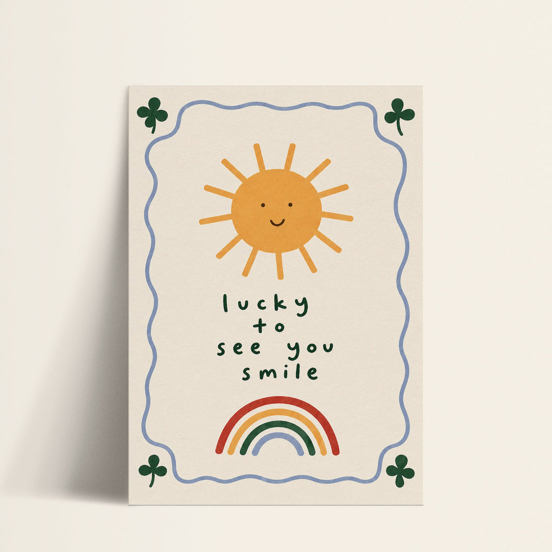 Lucky to See You Smile sun and rainbow print shown as a matte paper art print