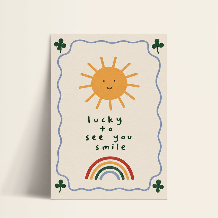 Lucky to See You Smile sun and rainbow print shown as a matte paper art print