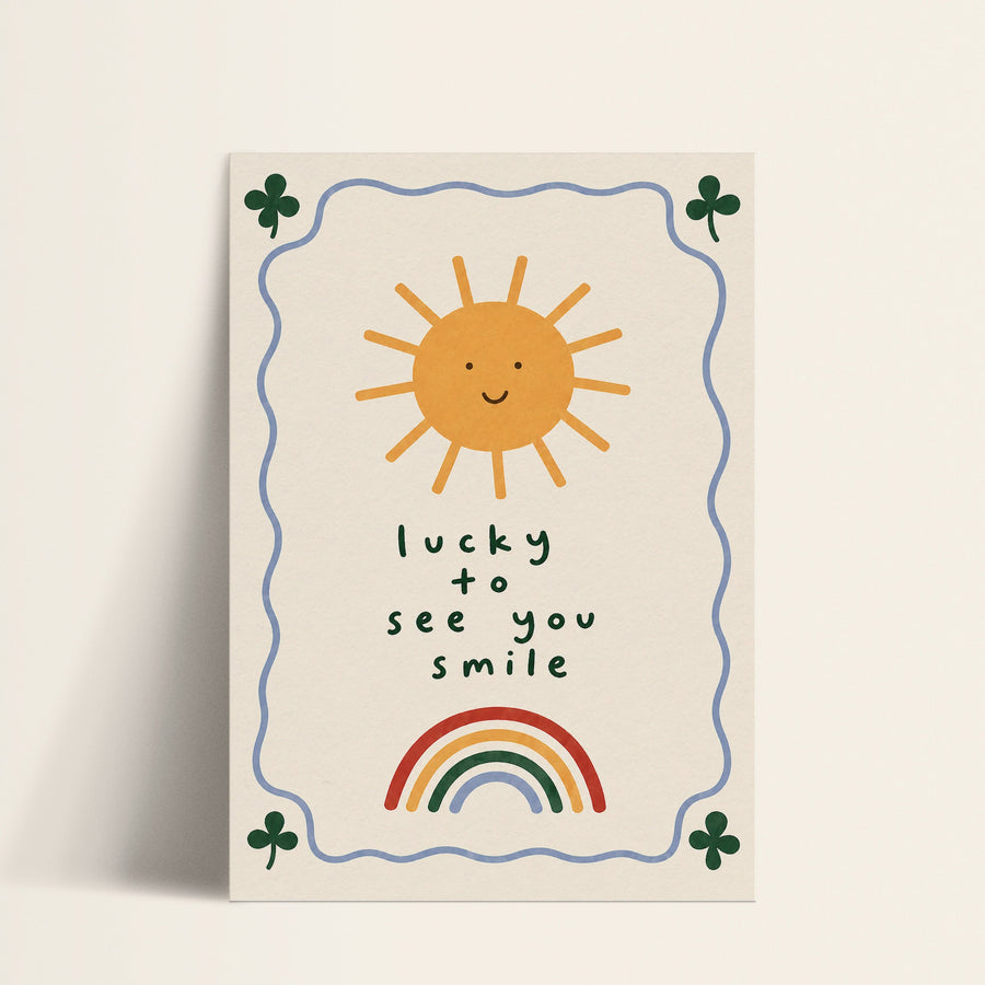 Lucky to See You Smile sun and rainbow print shown as a matte paper art print