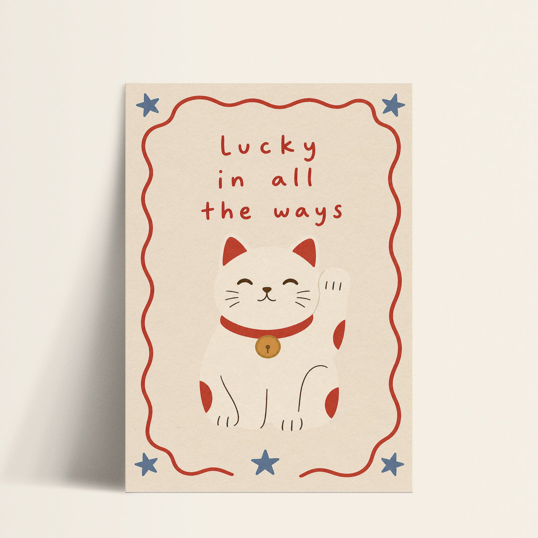 Lucky in All the Ways lucky cat print shown as a matte paper art print