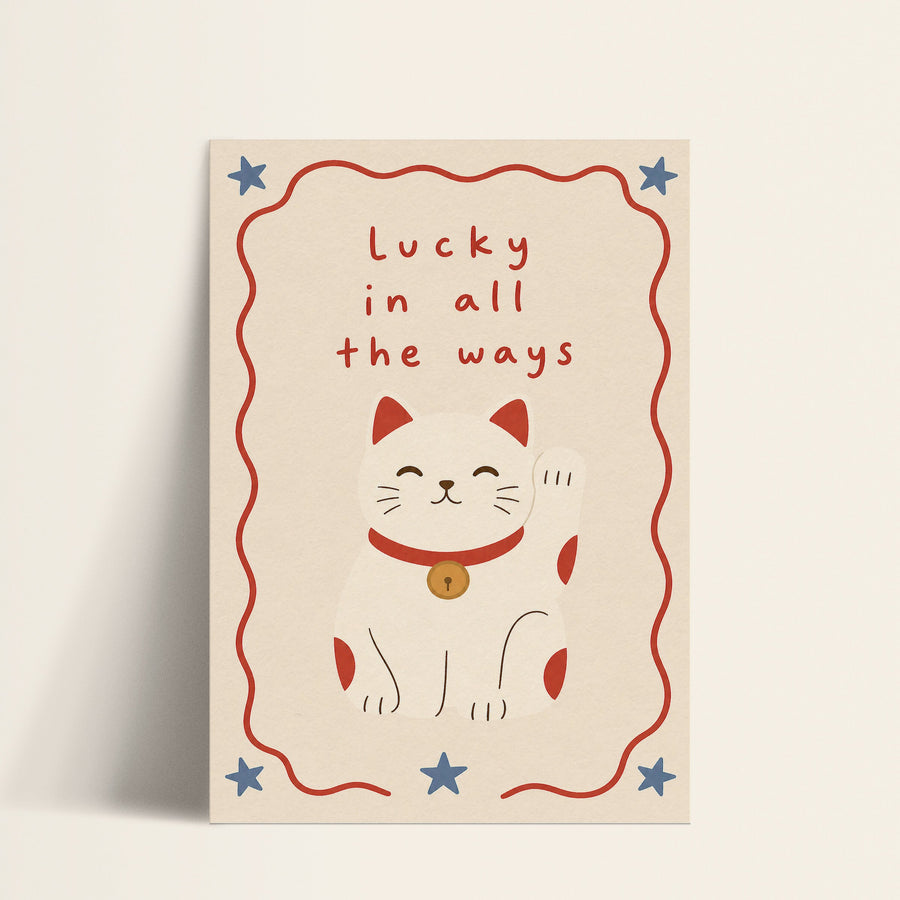 Lucky in All the Ways lucky cat print shown as a matte paper art print