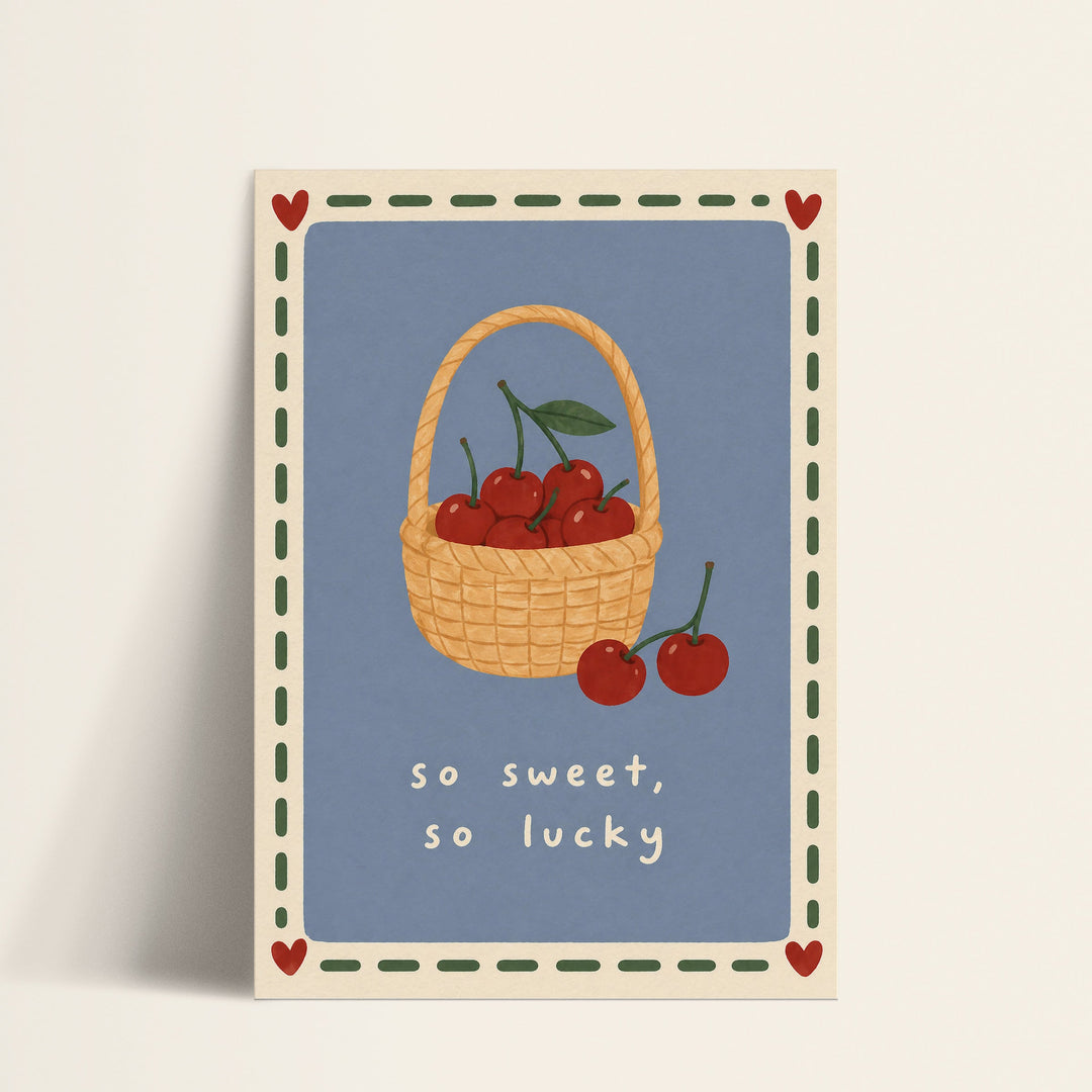 So Sweet So Lucky cherry basket print shown as a matte paper art print