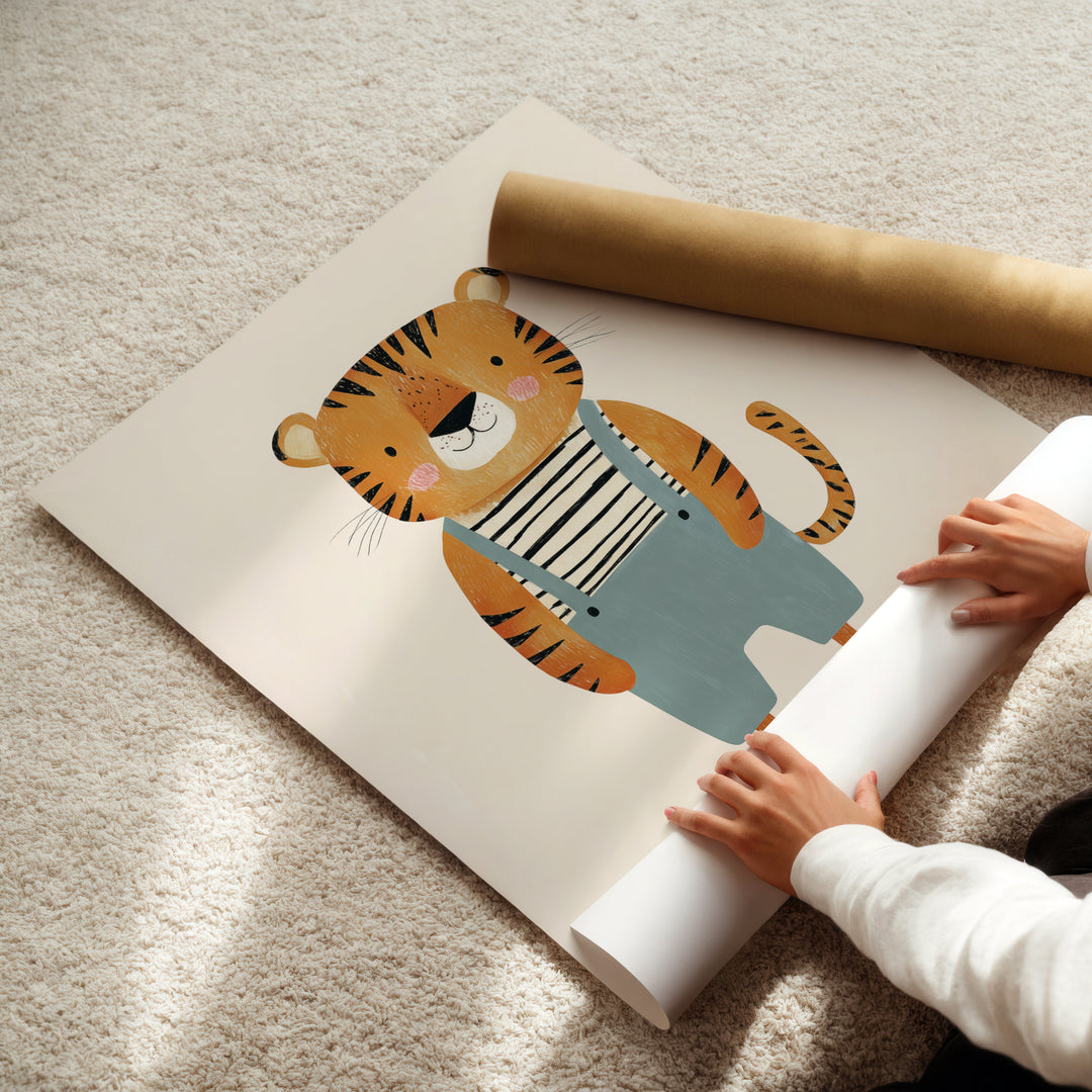Tiger in Overalls Print | Cute Safari Animal Nursery Wall Art