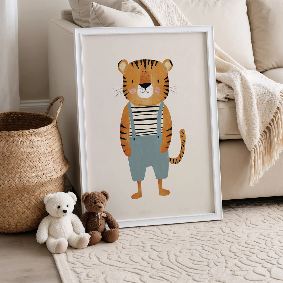 Tiger in Overalls Print | Cute Safari Animal Nursery Wall Art
