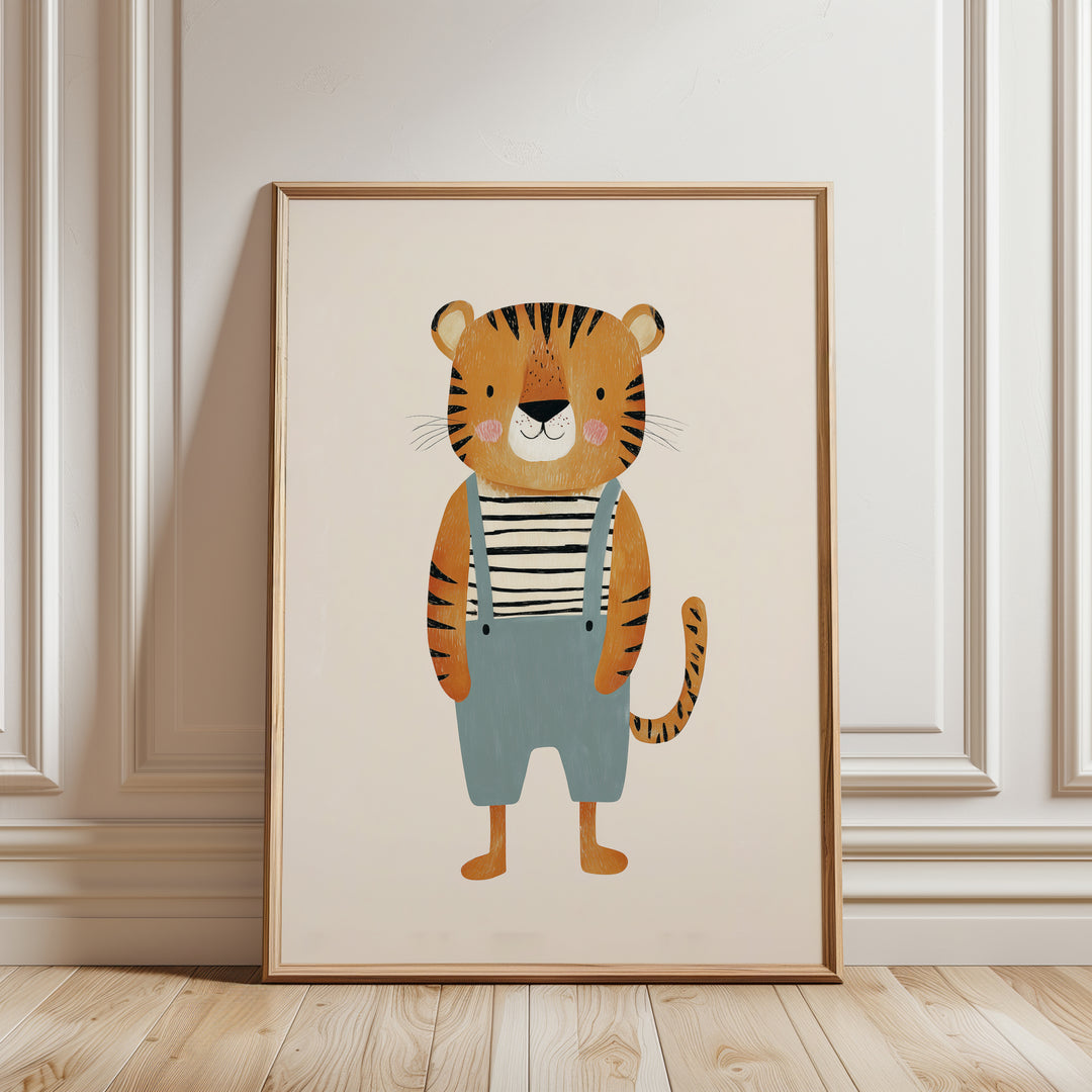 Tiger in Overalls Print | Cute Safari Animal Nursery Wall Art
