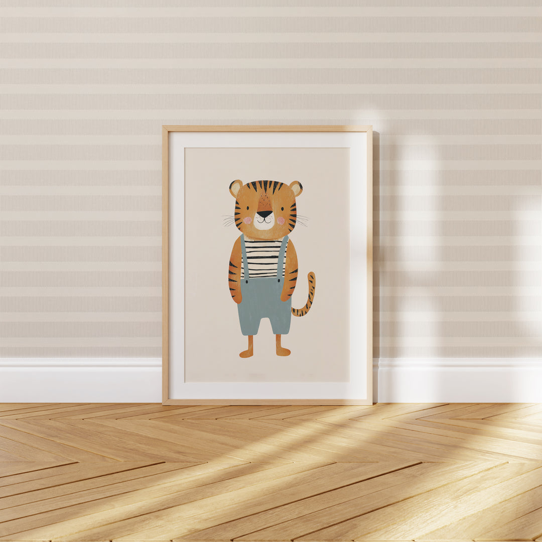Tiger in Overalls Print | Cute Safari Animal Nursery Wall Art