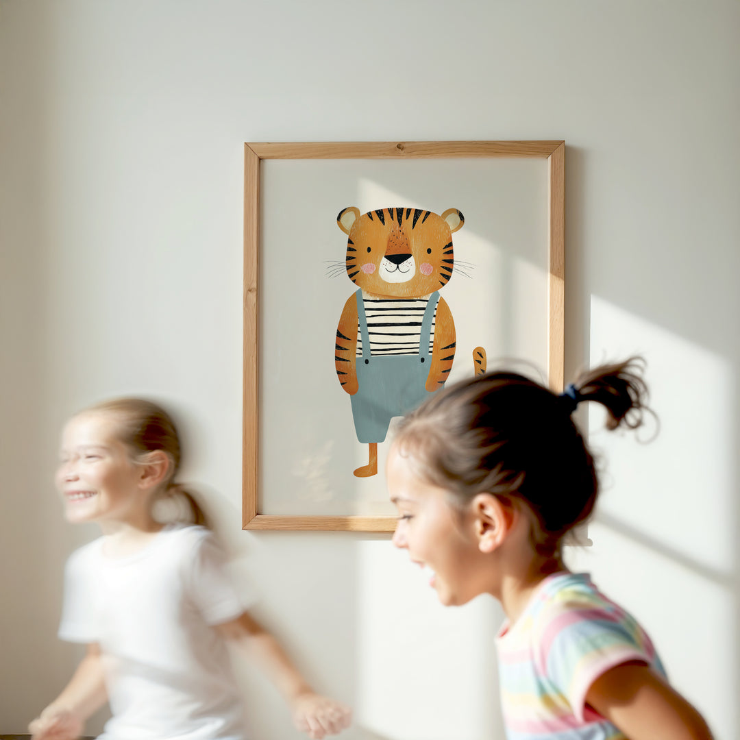 Tiger in Overalls Print | Cute Safari Animal Nursery Wall Art