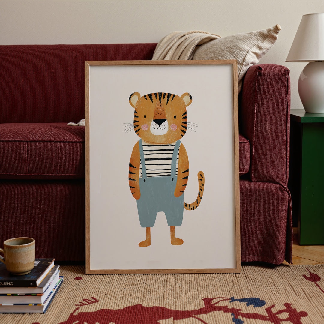 Tiger in Overalls Print | Cute Safari Animal Nursery Wall Art